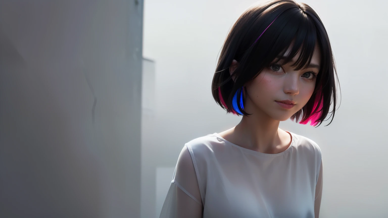 Ultra-high resolution, high resolution, ((premium、8k、32K、masterpiece)), (Ultra-thin illustration), volumetric lighting, (((Colorful))), A dark-haired beauty, (photorealistic), (realistic),(A smile devoid of emotion), Demure dress, (Minimal exposure:2.0), silky hair, To face straight ahead, looking at viewer, (upper body:1.5), An empty major roadway