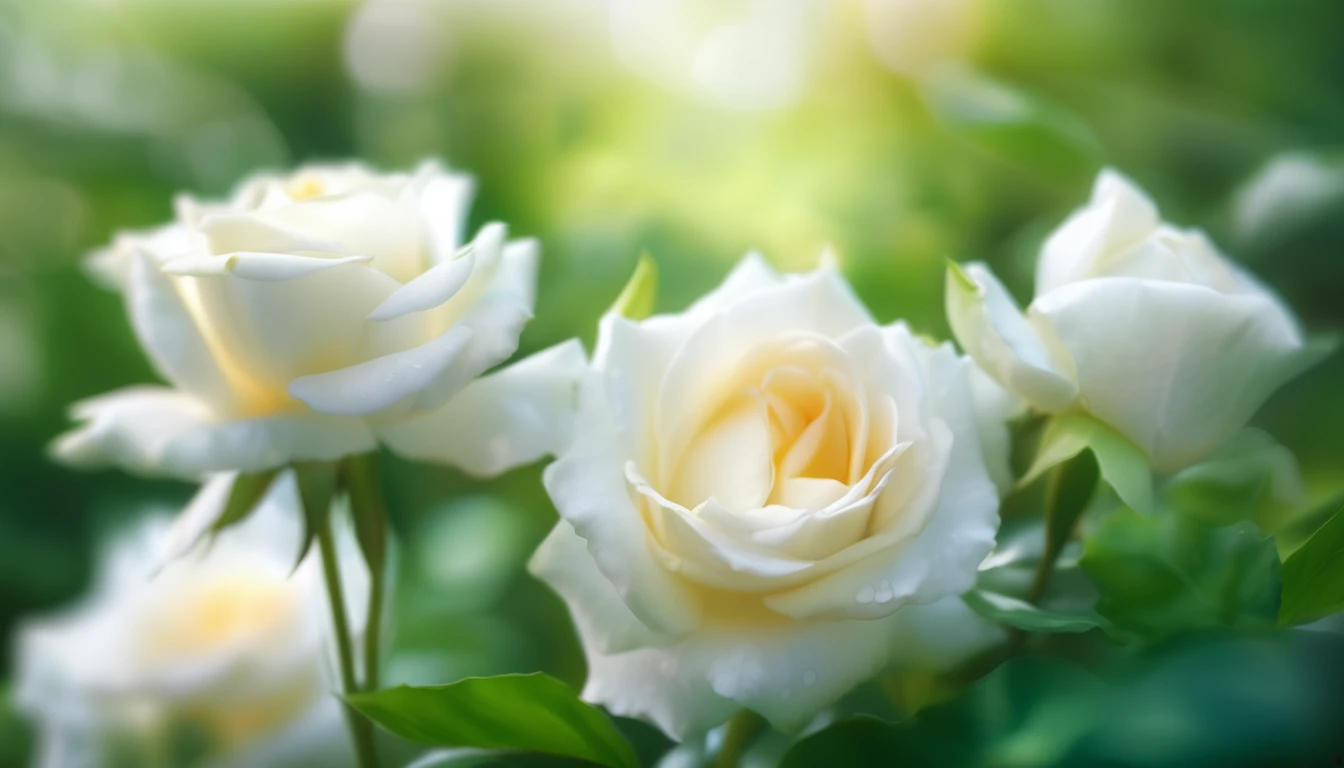 Close-up of vivid white roses centered in the frame, soft focus on surrounding lush green foliage, defocused background creating a bokeh effect, nature's palette in full display, natural light, ultra fine details, digital painting