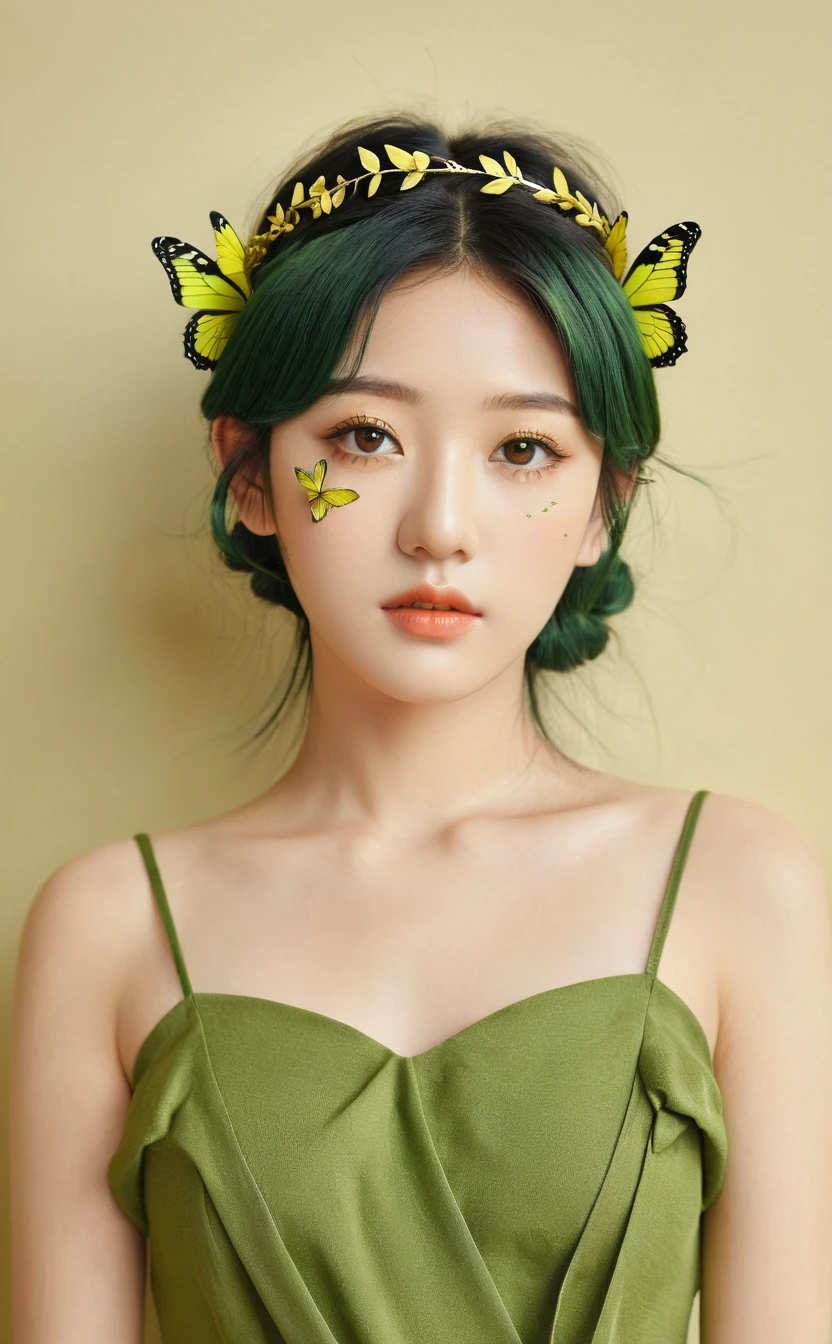 Realistic,Japanese young idol one girl portrait,Upper Body,Dark green hair,indoor,View your viewers,Simple Background,Part your lips,olive leaf tiara,Yellow-green Greek-style dress,Popular Korean makeup,photoRealistic,Beautiful yellow-green butterfly on background々Three are flying