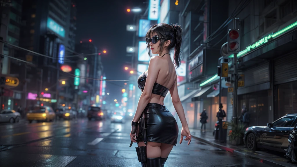 8k, Realistic Skin Texture, Realistic Photo, Neo Tokyo, slim Japanese women, large-breast:1.3 cleavage:1.2, AD2050 at night, Dirty hunting jacket, Wearing tube top, miniskirt, (((black sunglasses, automatic rifle, sneakers, cold, shooting pose, low angle view))), Innovative composition, revenge, cyberpunk, blade runner worldview, Large neon sign, Geisha hologram sign, Strong Wakamoto Sign.