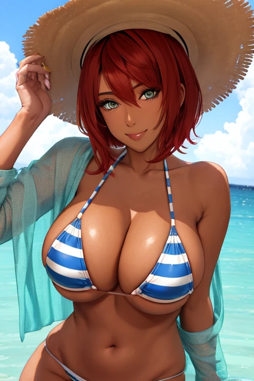 1girl in, Solo, Striped Micro Bikini, (Brown skin), red short hair, Wearing a straw hat, Colossal , Emphasizes cleavage, A slight smile