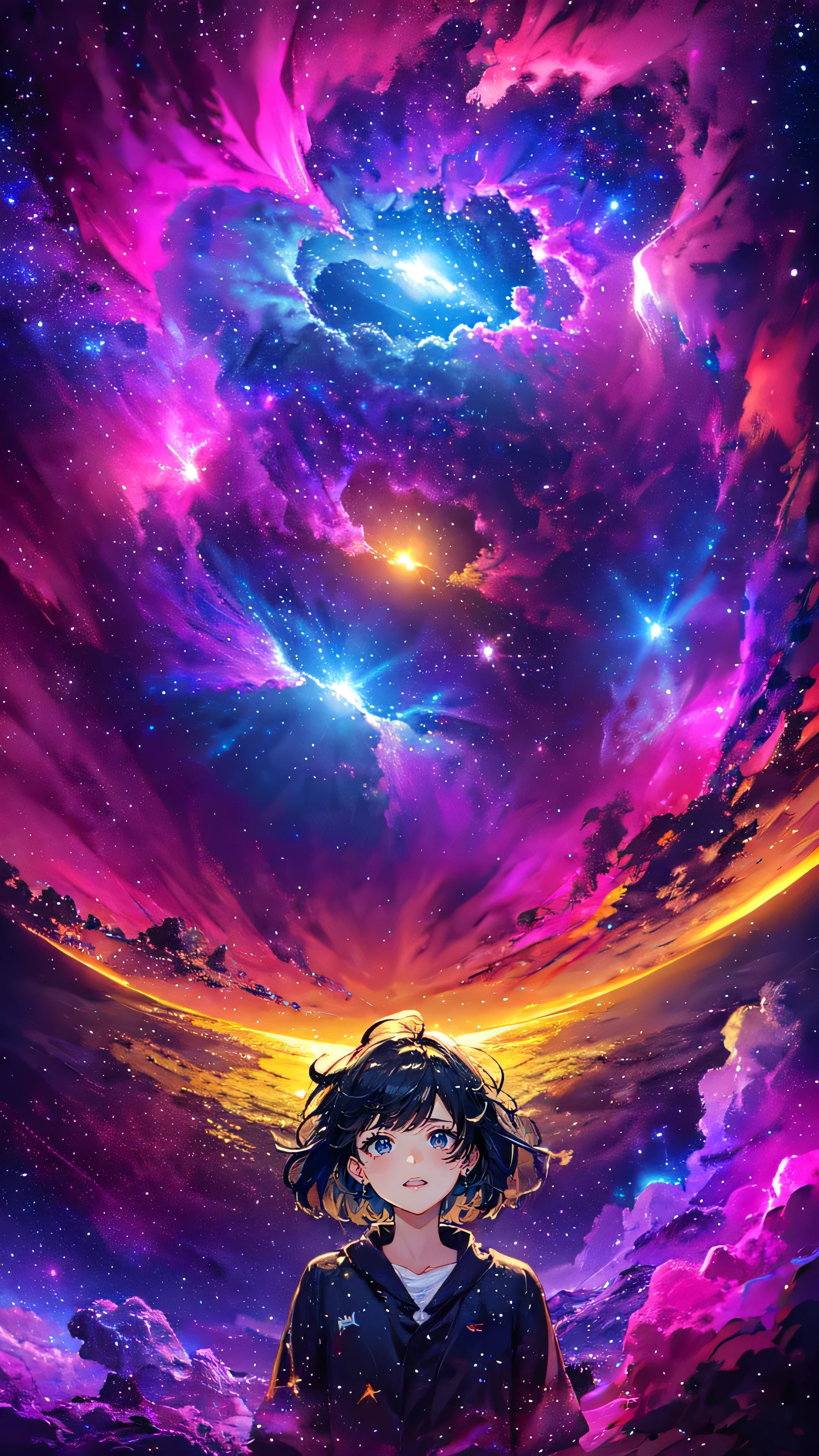 Flying Girl、A girl flying in the Starry Sky、Farbe々なFarbeの星の光、diego gisbert lawrence、Joe San Gonzales and Mumford、Psychedelic Art、One Girl、Starry Sky、nebula、Swirl、water、vague、superwide shot、Highest quality、Super detailed、Intensive、Golden ratio composition、Kanna Hashimoto