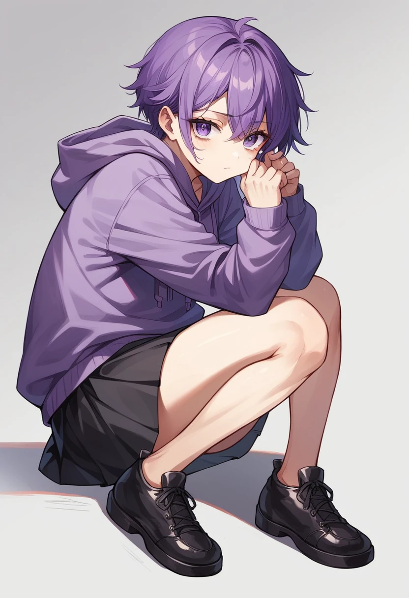Keito。Purple hoodie。Black Skirt。Purple Eyes。Purple Hair。Black shoes下。Black shoes。Both arms are missing。Blood