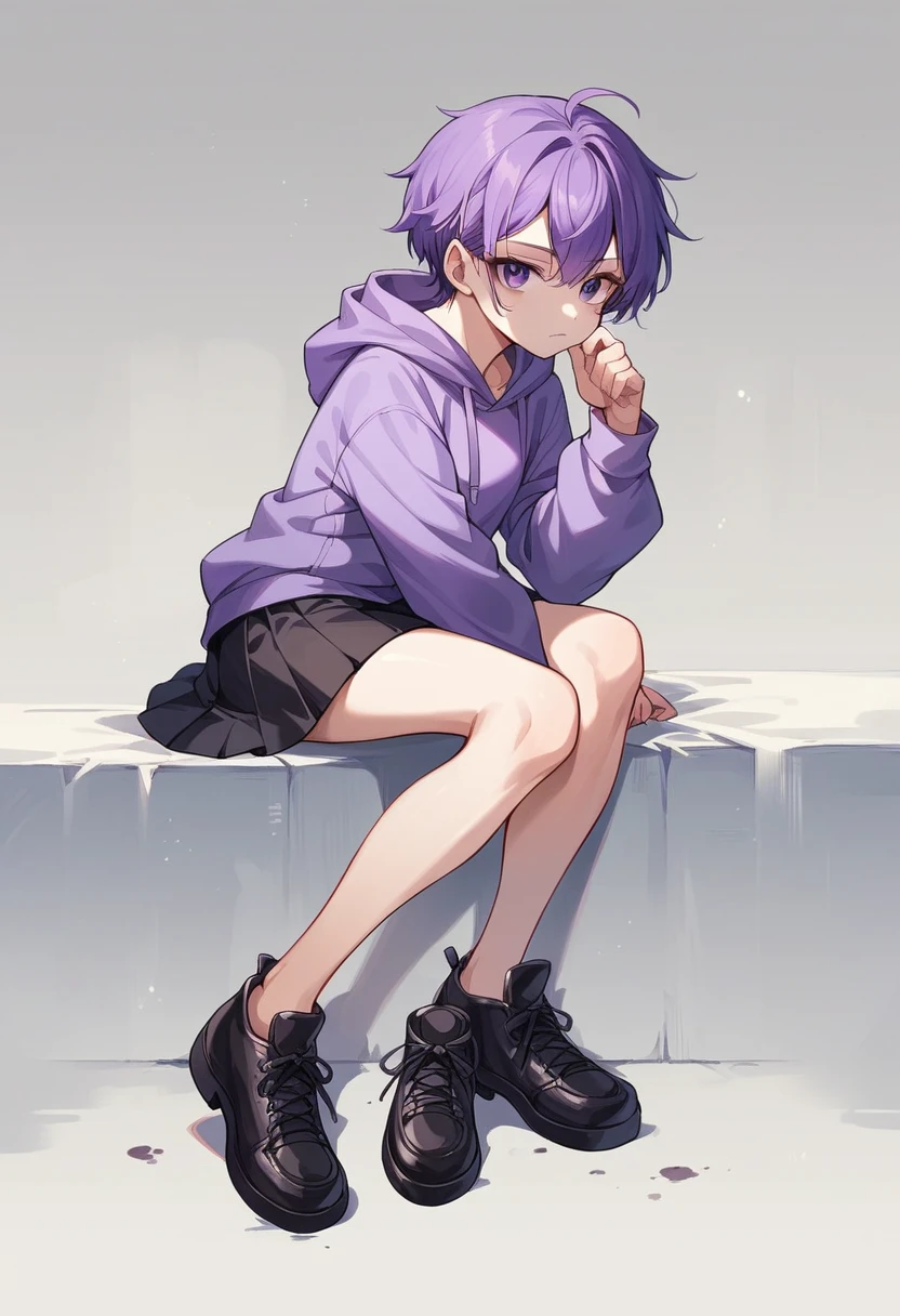 Keito。Purple hoodie。Black Skirt。Purple Eyes。Purple Hair。Black shoes下。Black shoes。Both arms are missing。Blood