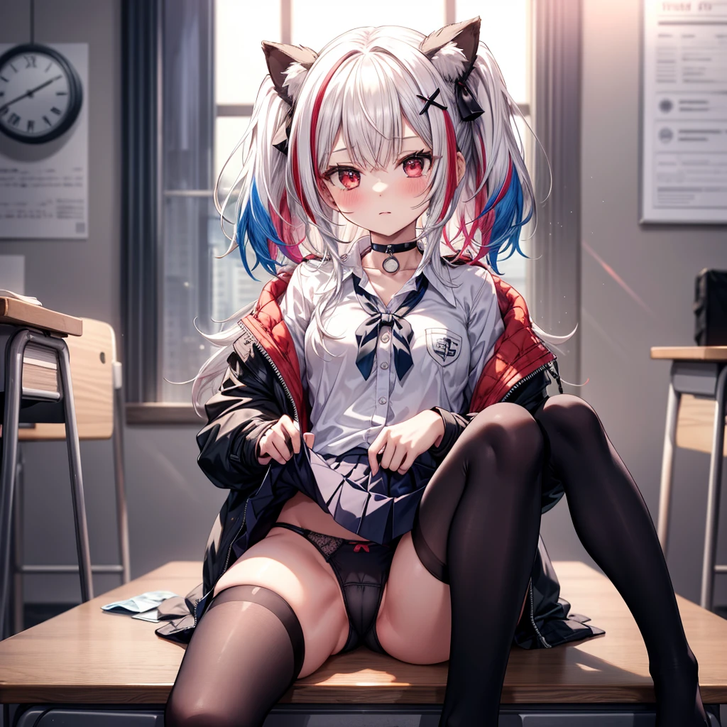 ((Highest quality)), ((masterpiece)), (detailed), the image of the image of the cartoon girl showing her  to everyone, 1girl, 独奏, clock, panties, shirt, streaked hair, skirt, , jacket, skirt lift, clothes lift, thighhighs, multicolored hair, white shirt, black panties, lifted by self, choker, collared shirt, looking at viewer, hood, dress shirt, hair ornament, red eyes, bow, black choker, open jacket, sitting, black thighhighs, x hair ornament, blush, classroom
