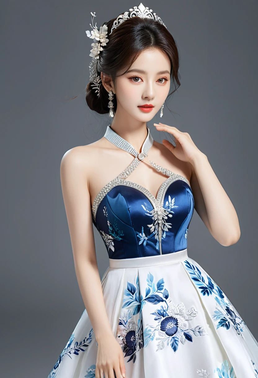 Realistic photo style, whole body 사진에 아름다운 아시아 소녀가 등장합니다., Wearing a unique ethnic style evening gown with delicate skin., bright and lively eyes, Thick eyelashes that look especially attractive. Long dresses are slim and elegant., Eye-catching silver jewelry and alcohol. The high-collar design adds an elegant atmosphere., Color of blue and white porcelain. using light and shadow, The vivid and harmonious appearance of the protagonist is highlighted... whole body, (masterpiece, best quality, professional, perfect composition, very aesthetic, absurd, very detailed, intricate details:1.3)