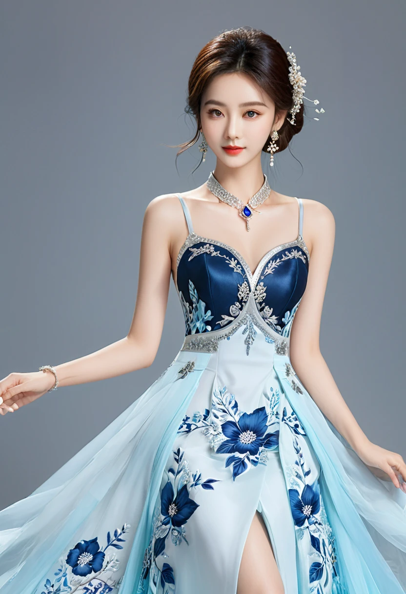 Realistic photo style, whole body 사진에 아름다운 아시아 소녀가 등장합니다., Wearing a unique ethnic style evening gown with delicate skin., bright and lively eyes, Thick eyelashes that look especially attractive. Long dresses are slim and elegant., Eye-catching silver jewelry and alcohol. The high-collar design adds an elegant atmosphere., Color of blue and white porcelain. using light and shadow, The vivid and harmonious appearance of the protagonist is highlighted... whole body, (masterpiece, best quality, professional, perfect composition, very aesthetic, absurd, very detailed, intricate details:1.3)