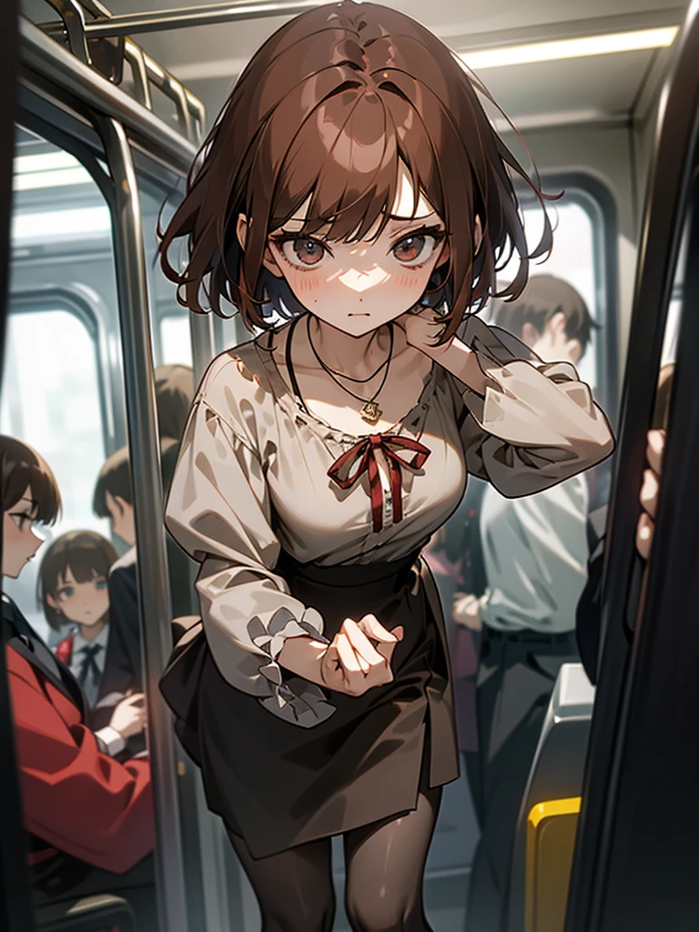 Reddish brown short length hair、gray chiffon blouse、Flared sleeves、ボウタイ、ribbon、Tight Skirt、Black Stockings、necklace、TİTS、slender、In a crowded train、Messed up、slender、High resolution face、Drawn eyes、