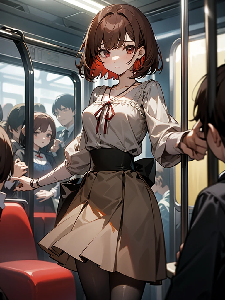 Reddish brown short length hair、gray chiffon blouse、Flared sleeves、ボウタイ、ribbon、Tight Skirt、Black Stockings、necklace、TİTS、slender、In a crowded train、Messed up、slender、High resolution face、Drawn eyes、