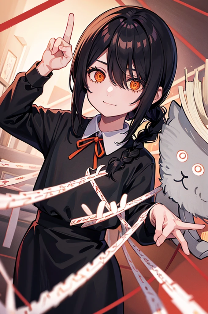 1 girl, solo, Nayuta (chainsaw man), black hair, x hair ornament, long hair, hair ornament, orange eyes, looking at viewer, long sleeves, dress, uniform, smile, ribbon hair, closed mouth, shirt black, hair between eyes, traditional media, (giving half a finger)