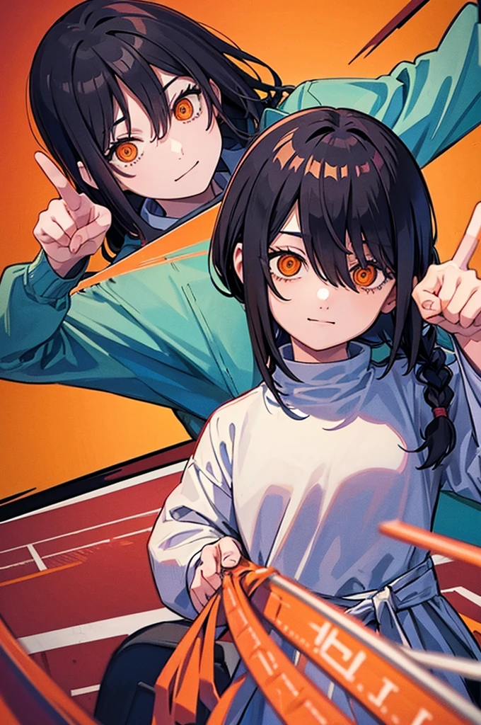 1 girl, solo, Nayuta (chainsaw man), black hair, x hair ornament, long hair, hair ornament, orange eyes, looking at viewer, long sleeves, dress, uniform, smile, ribbon hair, closed mouth, shirt black, hair between eyes, traditional media, (giving half a finger)