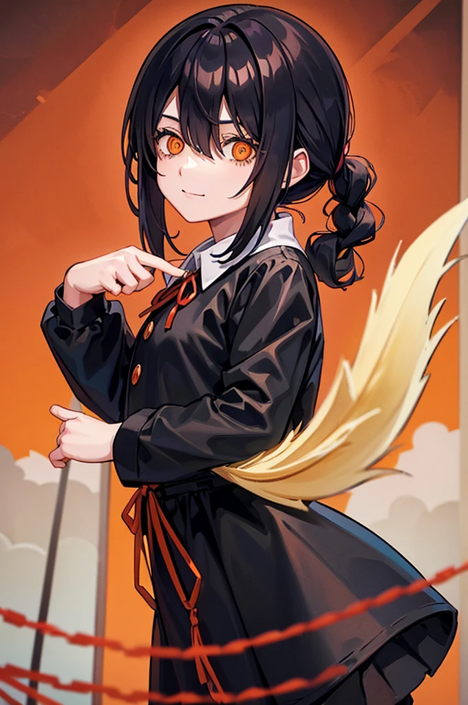 1 girl, solo, Nayuta (chainsaw man), black hair, x hair ornament, long hair, hair ornament, orange eyes, looking at viewer, long sleeves, dress, uniform, smile, ribbon hair, closed mouth, shirt black, hair between eyes, traditional media, (giving half a finger)