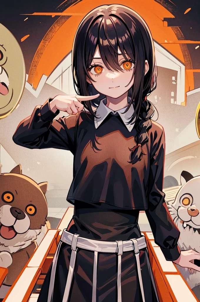 1 girl, solo, Nayuta (chainsaw man), black hair, x hair ornament, long hair, hair ornament, orange eyes, looking at viewer, long sleeves, dress, uniform, smile, ribbon hair, closed mouth, shirt black, hair between eyes, traditional media, (giving half a finger)