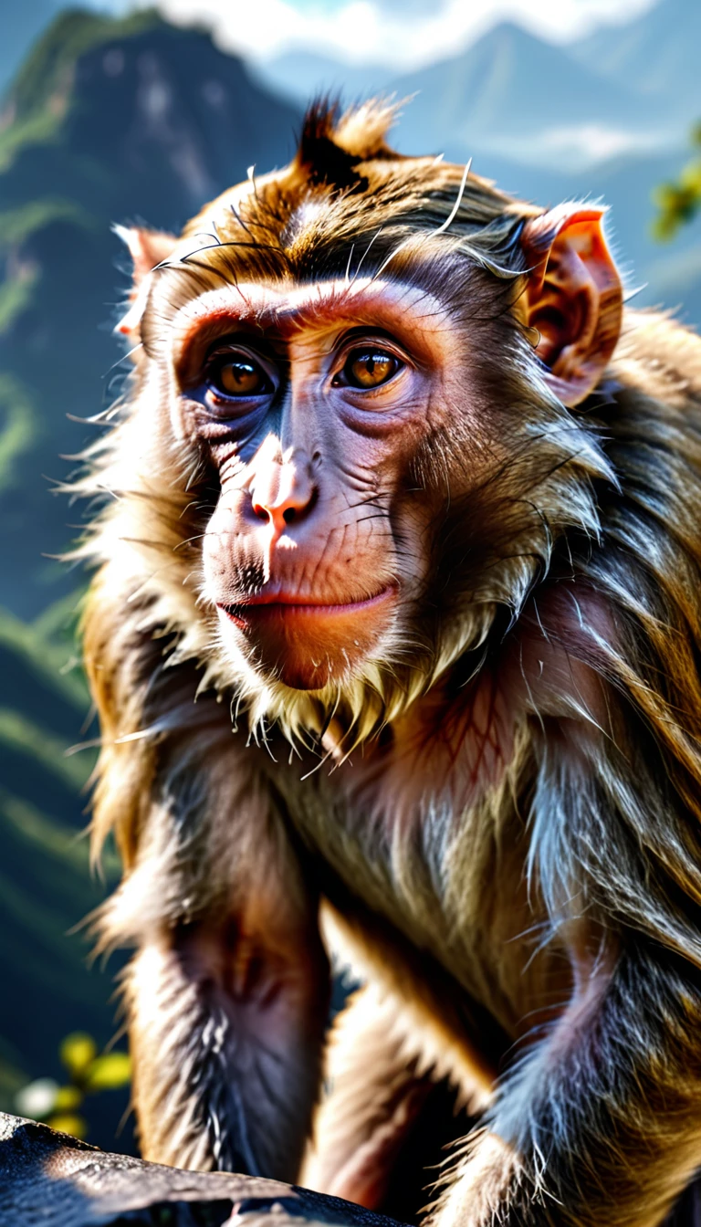There is a wild beast on the mountain，Four-eared macaque(best quality，4K，8K，High level，masterpiece：1.2），Ultra Detailed，（lifelike，Photo real，Photo real：1.37），Highly detailed animals，Realistic lighting，Fantasy Creatures