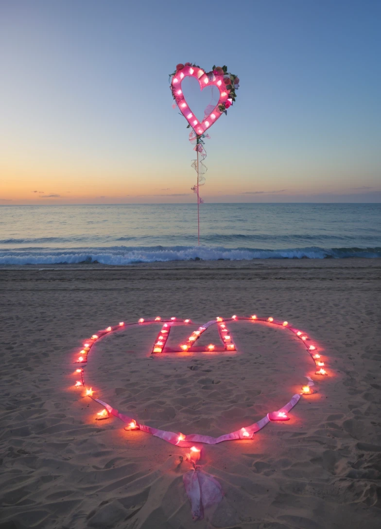 a sign that says with individual letters spelling out “ WILL YOU MARRY ME ” at a beach at sunset a rose shaped into a giant heart with pink and white rose petals and pink roses roses candles in a line light up