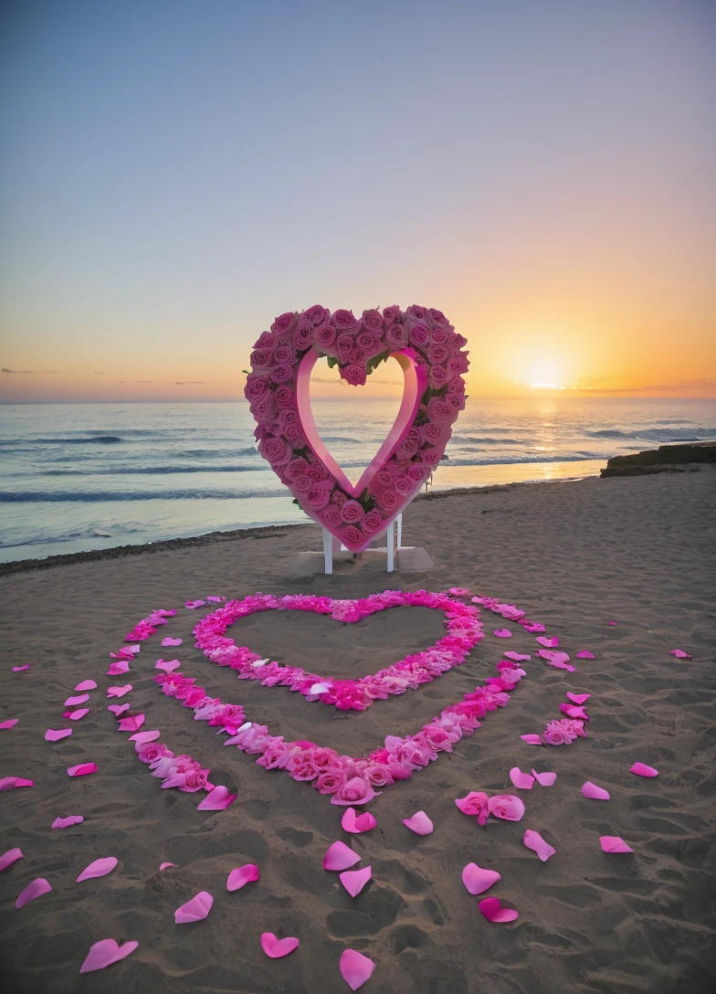 a sign that says with individual letters spelling out “ WILL YOU MARRY ME ” at a beach at sunset a rose shaped into a giant heart with pink and white rose petals and pink roses roses candles in a line light up