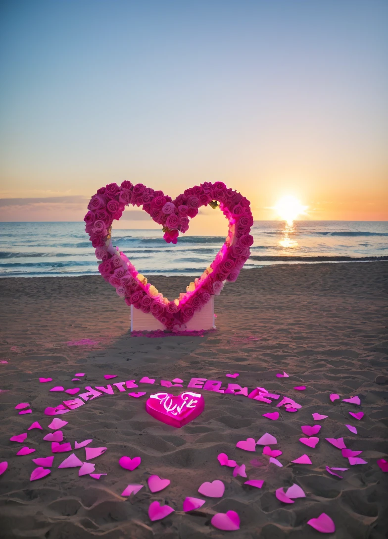 a sign that says with individual letters spelling out “ WILL YOU MARRY ME ” at a beach at sunset a rose shaped into a giant heart with pink and white rose petals and pink roses roses candles in a line light up
