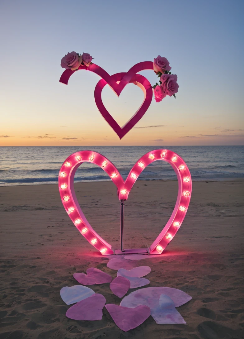 a sign that says with individual letters spelling out “ WILL YOU MARRY ME ” at a beach at sunset a rose shaped into a giant heart with pink and white rose petals and pink roses roses candles in a line light up