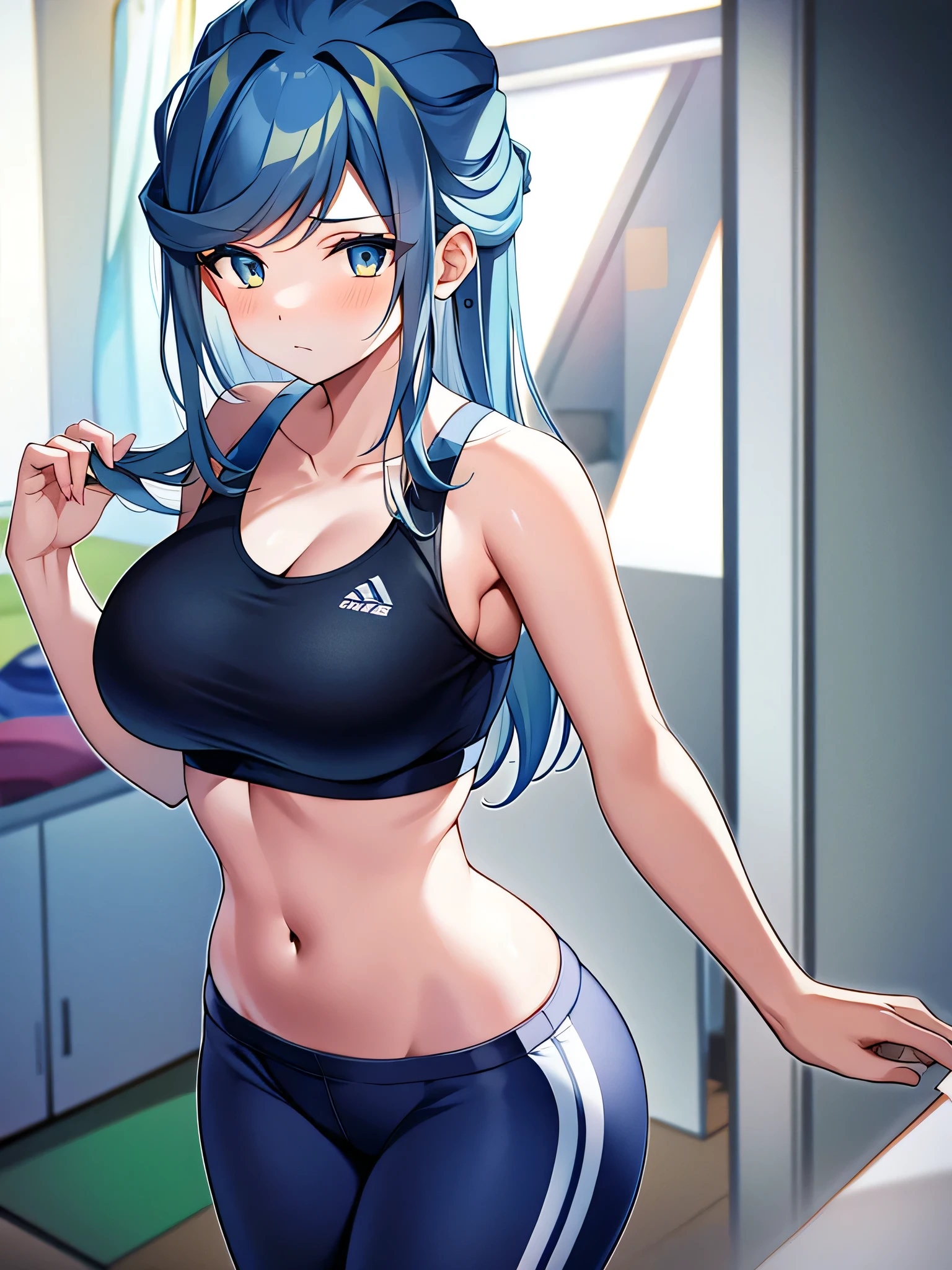 masterpiece、Highest quality、High resolution、Gym、グルーシャ as a woman、solo、1 female、Big Breasts、A woman with very large breasts、Her hairstyle is long、Light blue, Half Up, There is a green gradient.、dark blue sports bra、dark blue yoga pants、sports bra with an dark blue、yoga pants with an dark blue、sports bra and yoga pants only、Are standing、looking at viewer、Cowboy Shot、(female body:1.3)、