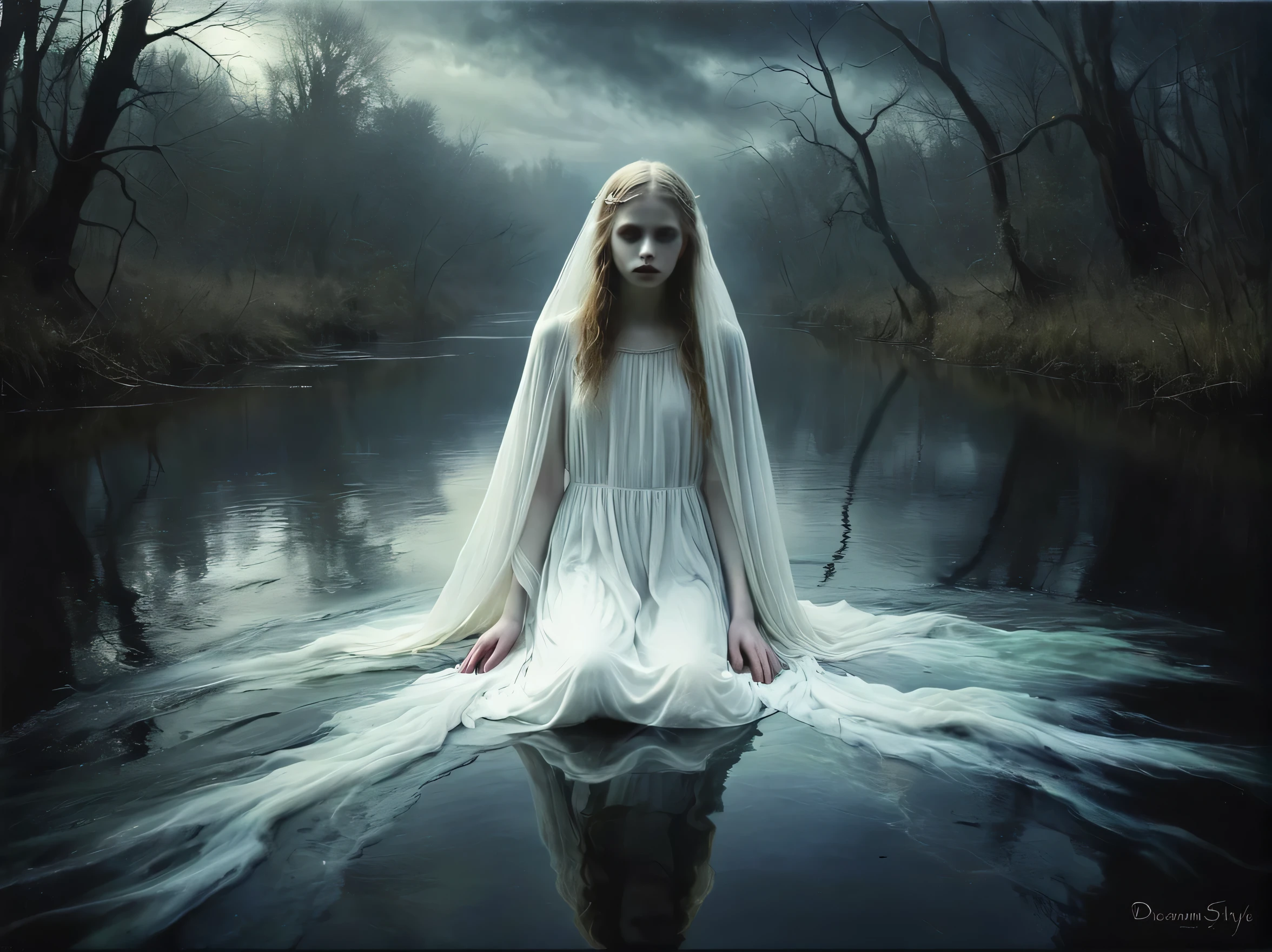 There was no gleam, no shadow, for the heavens, too, were one still, pale cloud; no sound or motion in anything but the dark river that flowed and moaned like an unresting sorrow. 

fantasy style, dreamlike art, gothic horror, artistic and abstract, whimsical, oil painting,

1girl, transparent ghost,