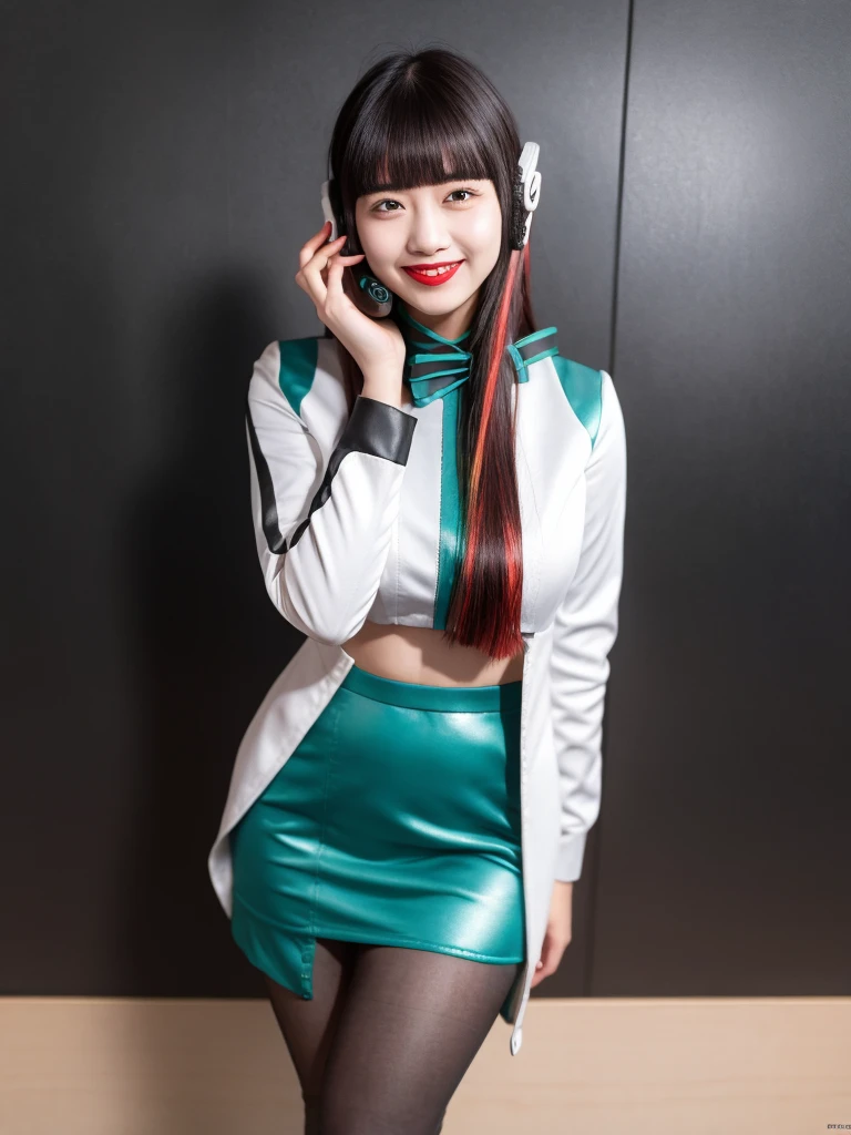 (extremely detailed CG), (best quality), 1girl, perfect face,shiny skin,narrow waist, wide hips  AzuArk,high heels, footwear,humagear_headphones,black nails,white jacket,skirt,long sleeves,red hair, red eyes, blunt bangs,pantyhose,multicolored hair,long hair,bangs,black hair,evil huge laugh,lipstick,sadistic smile,deep shaded face,,smile worst,worst ridecule,evil moukery,,two hands,five fingers,evil darkness background,