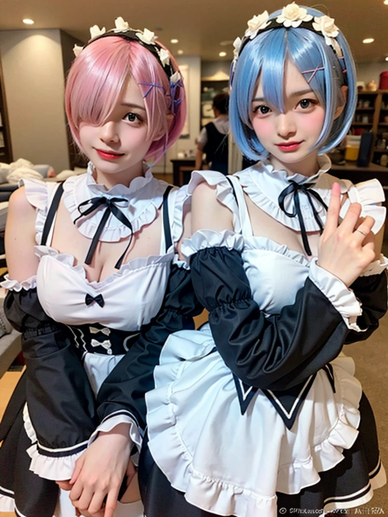 (8K, Photorealistic, Raw photo, of the highest quality: 1.3), (1girl in), Super beautiful, (Realistic face), (boyish, Silver Color Berry Shorthair), Beautiful , Glare that captivates the viewer, Beautiful expression, Beautiful breasts, (Realistic skin), Be...Create a detailed and colorful image of Ram and Rem from Re:Zero, standing back-to-back in their maid outfits, with a magical fantasy background、14years old, two girls,cute, perfect face, beautiful, nice body, gothic ta clothes, gothic loliashion, frilly skirt, headdress, necklace, bracelet, knee-high socks, boots, double eyelids, tear bags, Detailed down to the fingers, photo-like description, indoors, dim indoor lighting, one girl is pink hair and short bob, another girl is light blue hair and short bob,standing, whole body, composition that shows the whole body, smiling,The Both of them are wearing the same type of maid outfit