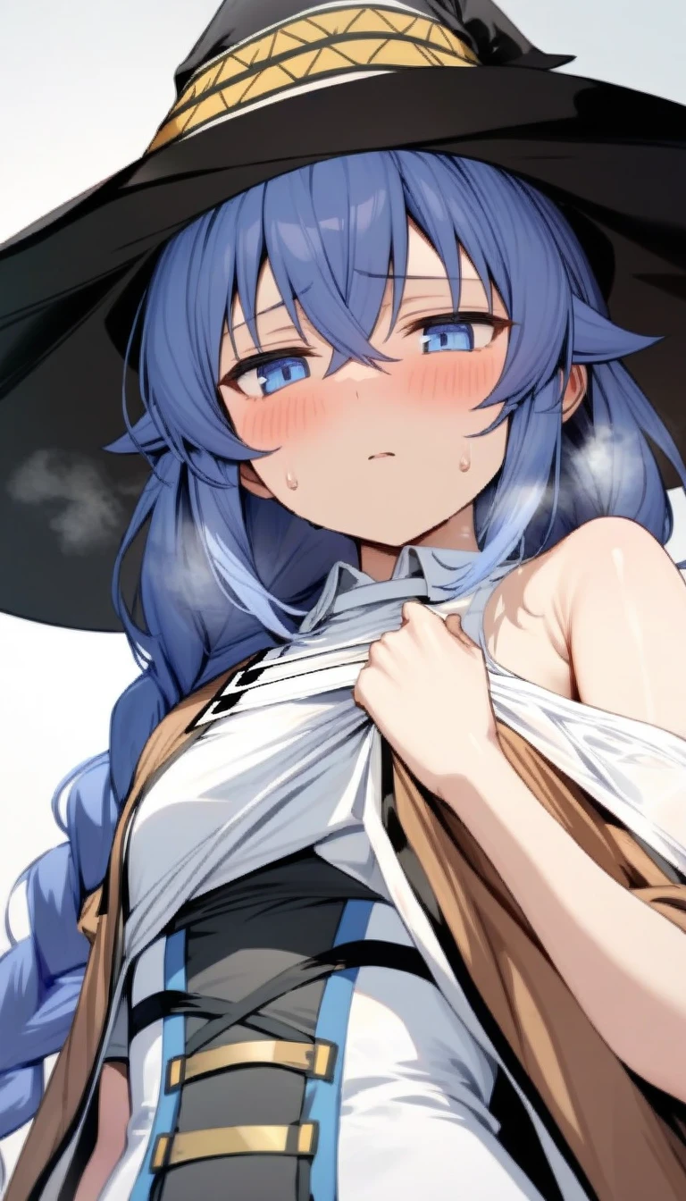 (masterpiece:1.2), Hyper Detail, Highest quality, (Complex_detailed:1.1), Beautiful details, Beautiful Hair, alone,One Girl,alone,Roxy Migurdia, Witch Hat, Blue twin braids,Brown cape, shirt,((shirt half off shoulder)),shoulder,Upper Body,Hand holding a cape, sweating,Heavy breathing,vapor,blush,((Open Cape)),greasy shoulder,Half-closed eyes,((From below)),Looking down,Reverse Hair,Underarm,greasy Underarm, shoulder focus,