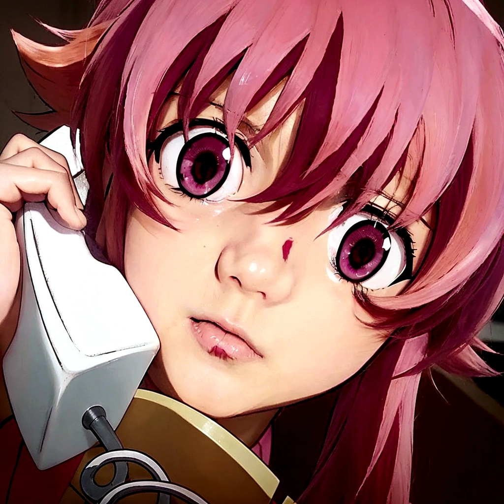 anime girl with pink hair talking on a cell phone, anime girl named gasai yuno, mirai nikki, gasai yuno, gasai yuno, mirai nikki, mirai nikki, in the anime film, gasai yuno, mirai nikki, still from tv anime, today's featured anime still