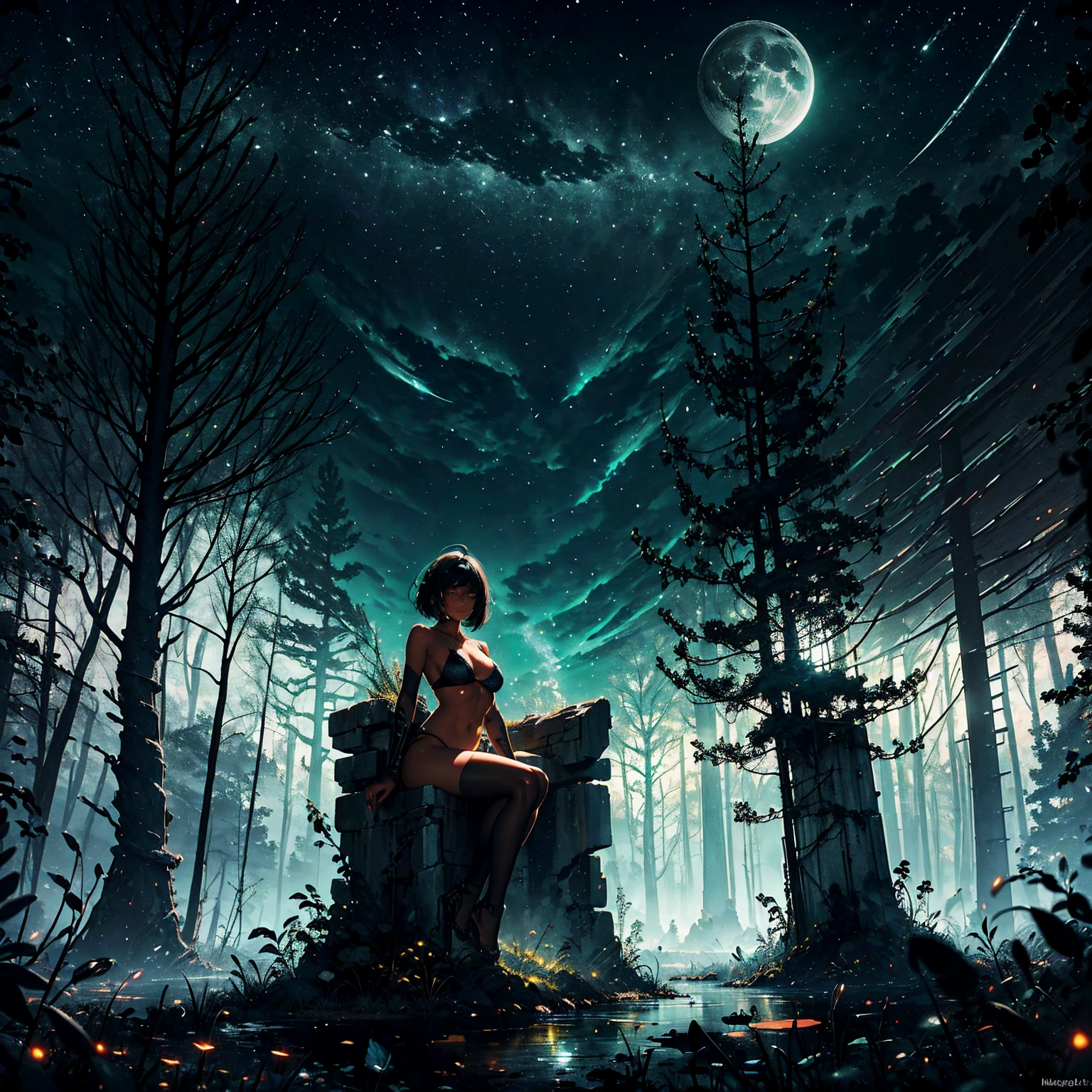 1girl, (solo), bob hair with bangs, black hair, breasts, small size, yellow eyes, tanned skin, full nude, full body, body covered blood, sitting, sad, tired, exhausted, (night), white moon, moonlight, clouds, dark forest, forest behind, (very sexy body, detailed face, masterpiece, highly detailed, 8k, best quality, vibrant colors, digital art, concept art)