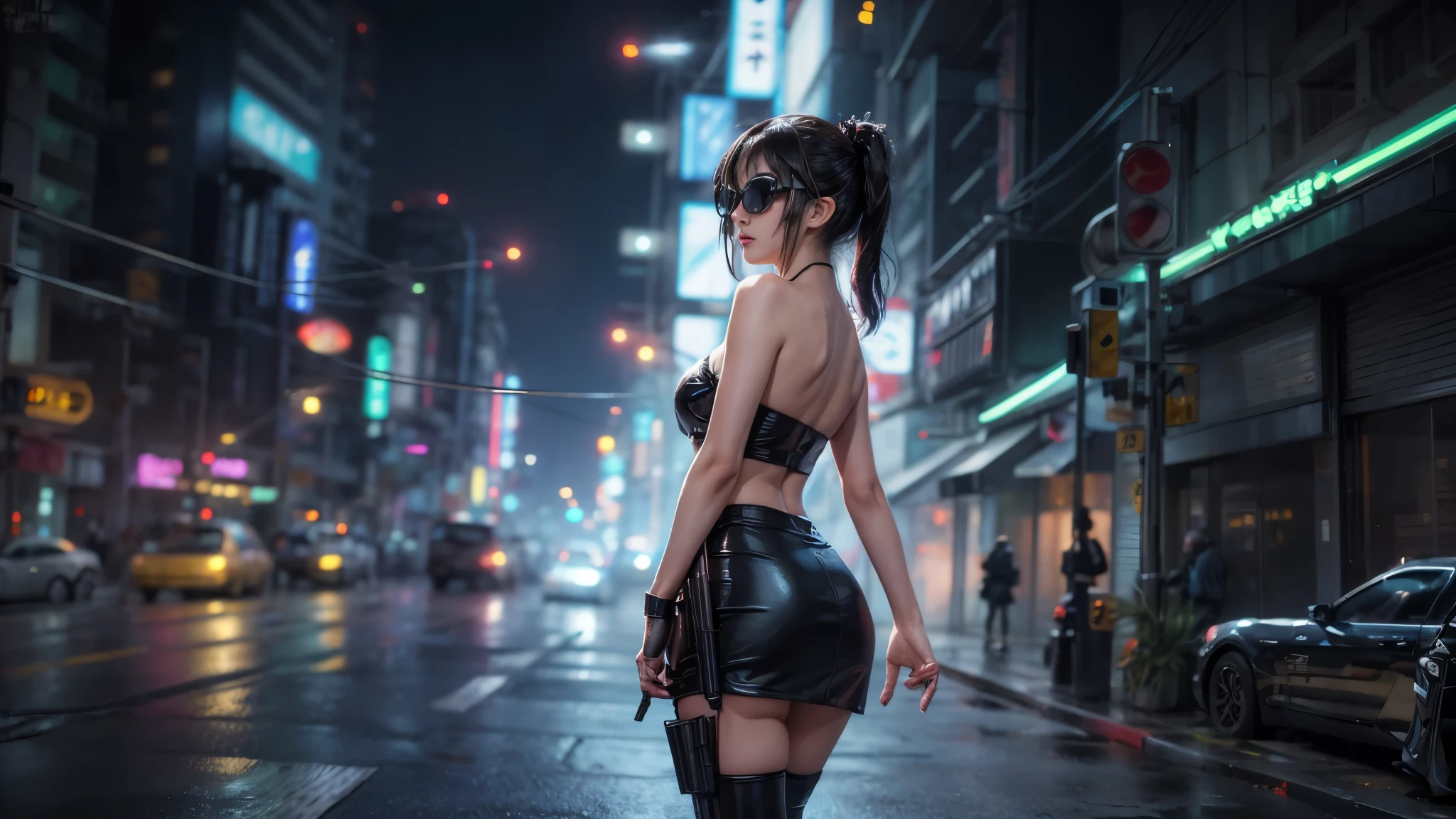 8k, Realistic Skin Texture, Realistic Photo, Neo Tokyo, slim Japanese women, large-breast:1.3 cleavage:1.2, AD2050 at night, Dirty hunting jacket, Wearing tube top, miniskirt, (((black sunglasses, automatic rifle, sneakers, cold, shooting pose, low angle view))), Innovative composition, revenge, cyberpunk, blade runner worldview, Large neon sign, Geisha hologram sign, Strong Wakamoto Sign.
