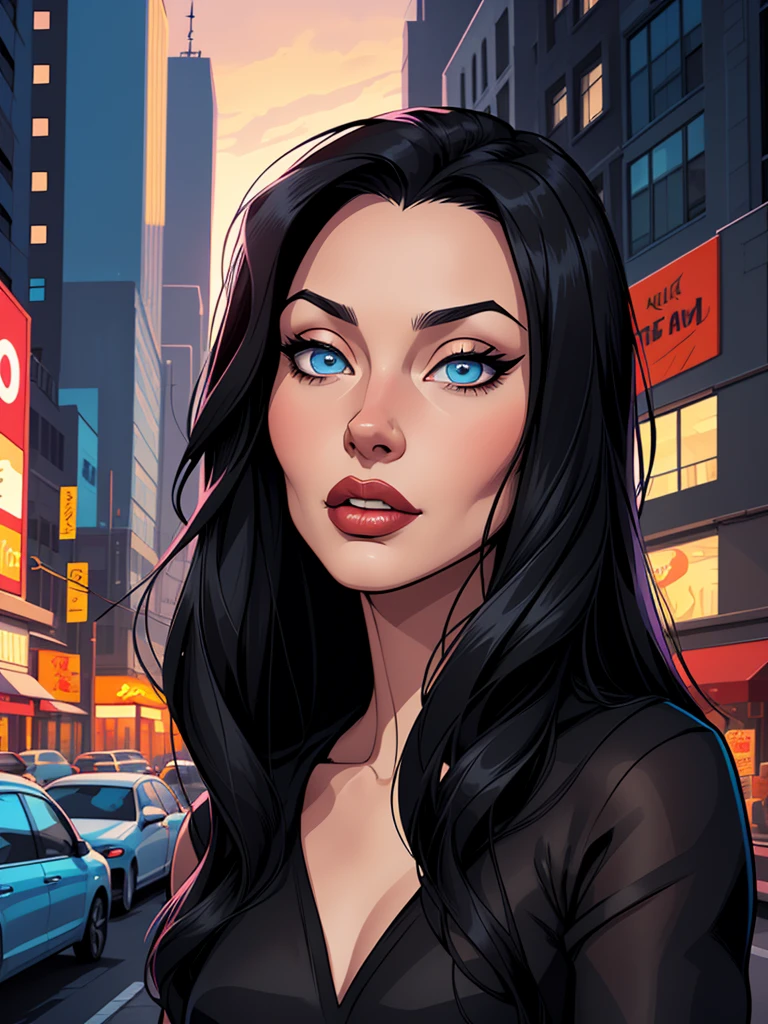 Morticia Addams style black hairCartoon image of a woman .cartoon style illustration, cartoon art style, cartoon art style, digital illustration style, highly detailed character design, cute detailed digital art, City fan art, Portrait Character Design, beautiful digital illustration, high-quality portrait, thick lips, small-nose, clear blue eyes, beautfull woman, comic style Comic art, young man expressing sexual desire.