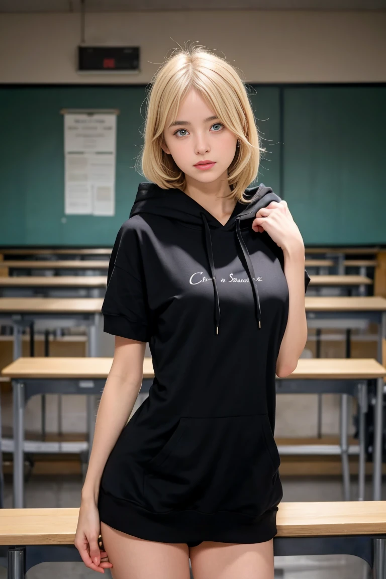 une femme blonde de 18 ans sexy et mince , black short sleeve hoodie , salle de classe, se touche,position sey,sensuel