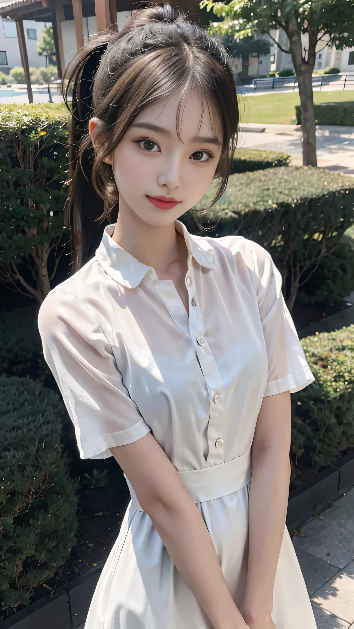 collared dress,european city park,On the lawn,One woman,masutepiece, The highest image quality, High quality, the background is clear,Beautiful woman, Japanese,Ultra-detailed, finely detail, hight resolution, 8K Wallpaper, Perfect dynamic composition, Beautiful detailed eyes , Detailed, Detailed eyes, Detailed skin, Beautiful skin, 超hight resolution, (reality: 1.4),Very beautiful woman, Slightly younger face, Beautiful skin, slender, (Ultra photo realsisim), (hight resolution), (8K), (Very detailed) (beautifully detailed eyes), (super detailed), (Detailed face), view the viewer, Fine details, Detailed face, Staring straight ahead, Staring straight ahead, photos realistic, Bright lighting, Professional Lighting, Black hair,poneyTail,a baby face,sixteen years old,Hairstyle: ponytail,Long ponytail hairstyle,slight smile,neat and tidy clothing,Beautiful Japanese KPOP idol photo, hair style is ponytail, my eyes are double and wide, baby face, smile and look straight ahead, slender, small breasts,Close up face,