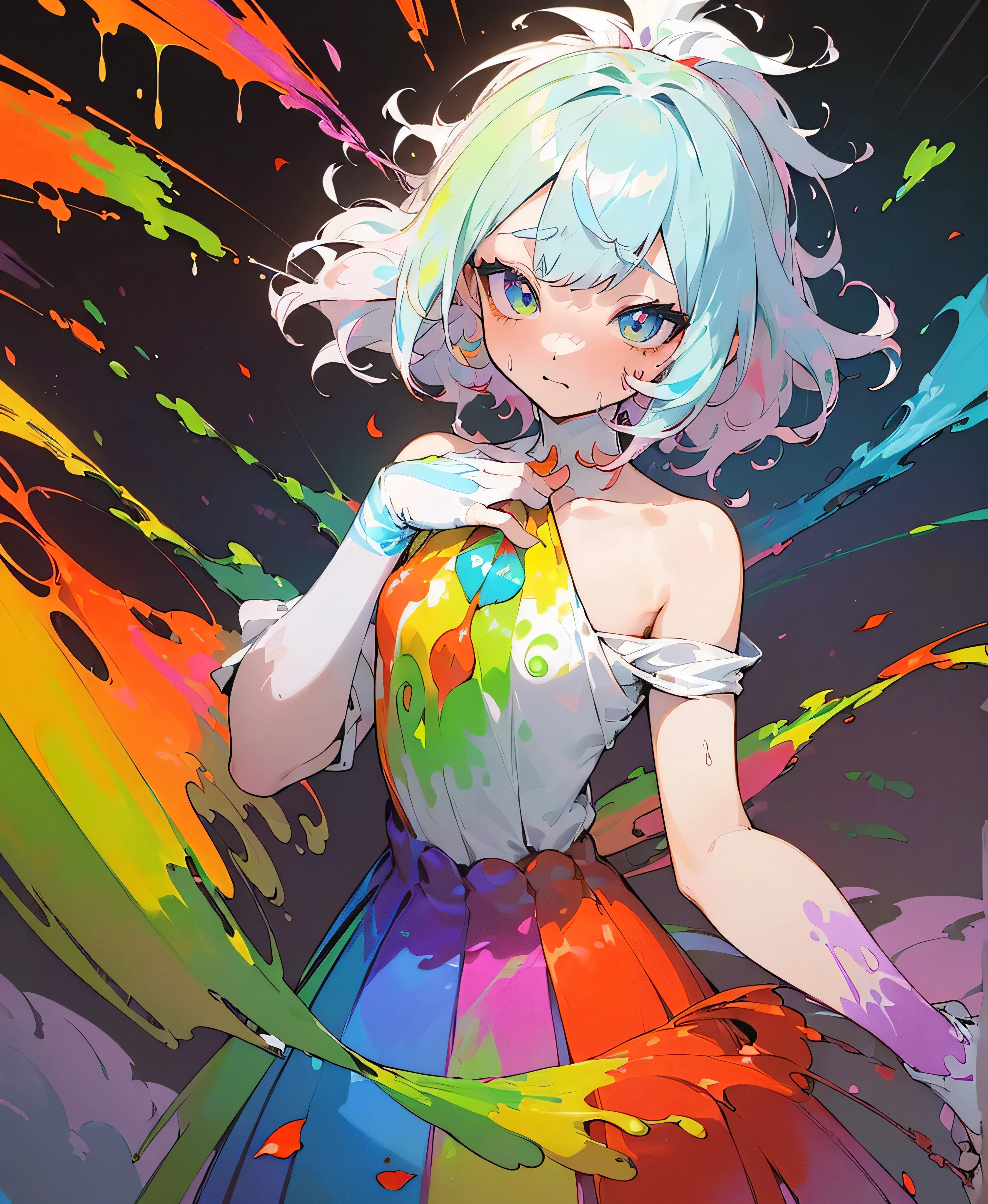 (colorfulな髪: 1.8), (All the colors of the rainbow: 1.8),(((((vertical painting:1.6))), (painting:1.6),front, comics, figures, paintings, Big eyes, Clear eyes,( Rainbow gradient high ponytail:1.7), Exquisite makeup, Mouth closed,(Small Fresh: 1.5),(Wipe the chest: 1.6) ,Long eyelashes, White off-the-shoulder T-shirt, White shoulder shirt,Looking at the audience, Big teary eyes, (Rainbow Hair:1.6), カラーsplash, (alone:1.8), カラーsplash, An explosion of colors, thick paint style, Messy Lines, ((The Shining)),(colorful), (colorful), (colorful), colorful, Thick paint Style, (splash) (Color splash), Vertical painting, Upper Body, paint splash, Acrylic Pigments, Slope, paint, Best image quality, Highest quality, masterpiece, alone, Depth of written boundary, Face paint, colorful clothes, (elegant: 1.2), nice,Long Hair, Wind, (elegant: 1.3), (petal: 1.4),(((masterpiece))),(((Highest quality))),((Super detailed)),(figure),(Dynamic Angle),((floating)),(paint),((Disheveled Hair)),(alone),(One girl) , (((Detailed anima face))),((Beautifully detailed face)),collar,Bare shoulders,Gray Hair, ((colorful hair)),((Striped Hair)),Beautiful attention to detail,(Slope color eyes),(((colorful eyes))),(((colorful background))),(((High saturation))),(((surrounded by colorful splashes))),