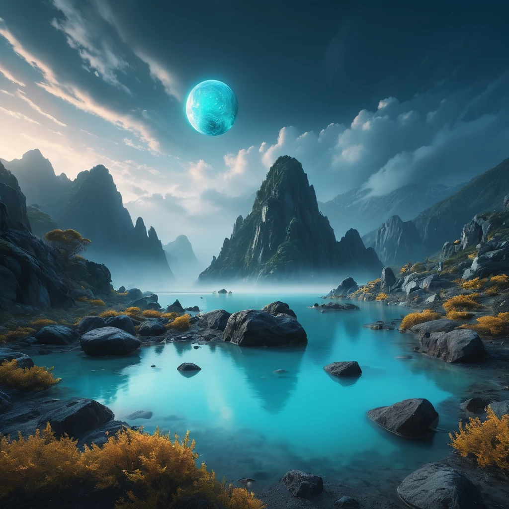 Blurred scenery,Alien Mountain Landscape Photography,The air is filled with suspended particles of glowing spheres,nature,It just rained,Bushes in the moonlight,Turquoise blue water,Boulders of various shapes,Alpine cliffs,Minimalist cyan black, white and gray tones,Foggy sky,Nightmare scene, Dark fantasy plot,完美而优秀的Composition,8K resolution,detail,Rain marks,Wet,Water stains,Very wide angle shooting,Environmental Art Photography by Jack Guzman,Realistically,Composition,Volumetric Lighting,Liveliness, detailed, Stunning sky, Colorful clouds floating,lifelike, Clarity, Flawless, Digital SLR Camera, 16K, 1024, 2048, 4096, detailed, sharp, Best quality, high quality, ,Drone Background,非常detailed、detailed的灯光阴影,Trending on Artstation、complex、高detail、dramaticidjourney Art(Volumetric Lighting:1.2)HDR shooting。(Vision,Ultra-deep field of view,Ultra wide angle,Micro focal length lens:1.2)(Realistically:1.4)masterpiece、high quality、Beautiful photography、Global Illumination、