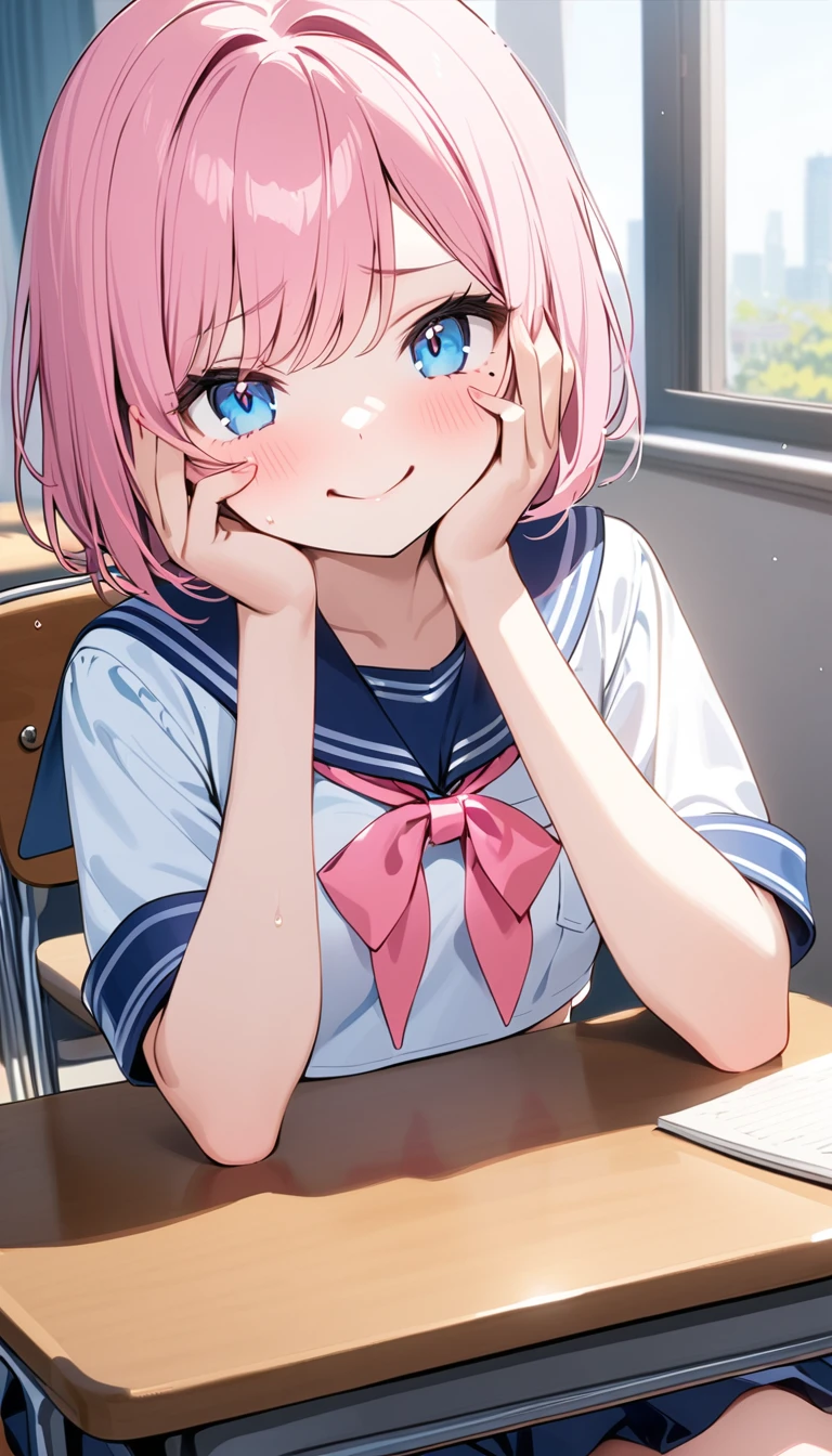 (1 girl),(Best Picture Quality, 8K, Masterpiece:1.3), (high school student:1.5), ((pink lob hair:1.1)), (bob cut),(swept bangs), (cute eyes, pupil black, iris skyblue, youthful face), (mole under right eye), (standard weight), (small breasts), (glistening skin:1.1),(pale skin:1.2), ((serafuku, white sailor short sleeve simple shirt, darkblue skirt, darkblue sailor collar, pink ribbon)),(sitting on a chair),(a class in session),((hands up,elbows on desk, face palm)),((front view:1.3)),,(looking at viewer),(Wink).