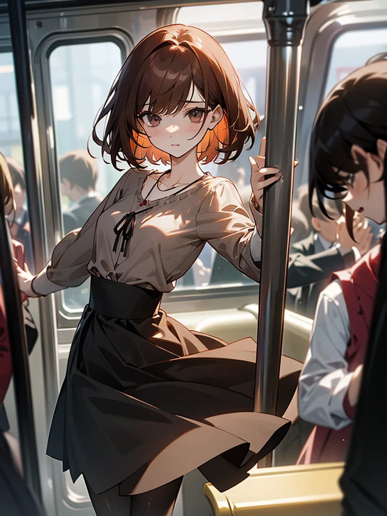Reddish brown short length hair、gray chiffon blouse、Flared sleeves、ボウタイ、ribbon、Tight Skirt、Black Stockings、necklace、TİTS、slender、In a crowded train、Messed up、slender、High resolution face、Drawn eyes、