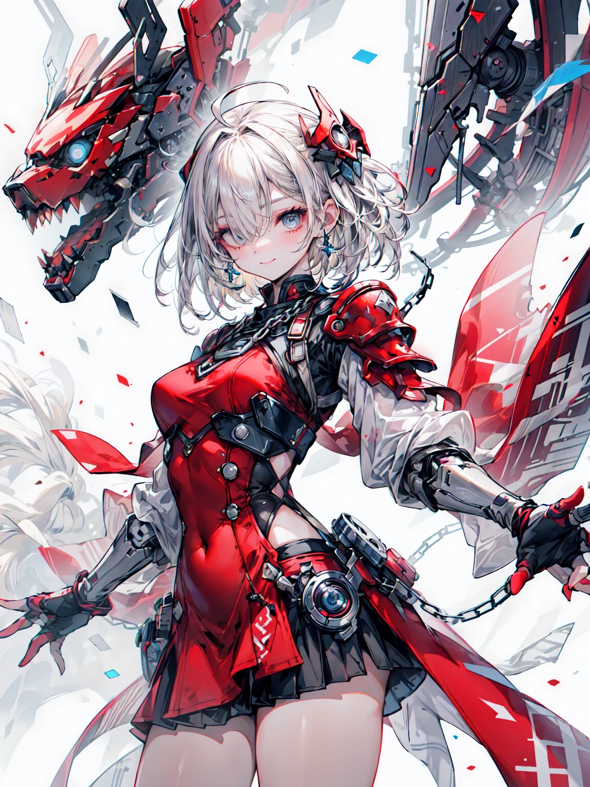 red dress photo、Painting of a woman holding a sword, From Arknights, Kushat Garland, Kushat Garland key art feminine, Red Armor, Mechanized Valkyrie, Kenji Kushato, Anime Mecha Armor, lady in Red Armor, Red heavy armor, black and Red Armor, Official character art, Monochrome and red stains、Cowboy Shot、Blake、 Very detailed (Fairy), (One Girl), alone, Perfect Face, detailed, Ahoge, ((Medium Hair:1.2)), (Hair on one eye:1.3), [[Messy Hair]], Blonde gray hair, blue eyes, (eyelash, eye shadow, pink eye shadow), smile, Ear piercing with chain, Design Art：Haruhiko Mikimoto, kawashi, By Yoshitaka Amano, break ((Perfect Anatomy)), Nice body, Big Breasts、 (非常にdetailedな指), The best move, Perfect Face, Beautiful Face, Beautiful Eyes, Perfect Eyes, (Perfect Fingers), Correct Anatomy,