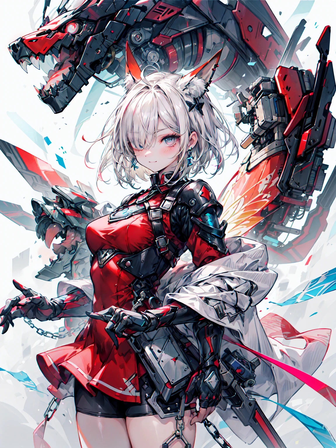 red dress photo、Painting of a woman holding a sword, From Arknights, Kushat Garland, Kushat Garland key art feminine, Red Armor, Mechanized Valkyrie, Kenji Kushato, Anime Mecha Armor, lady in Red Armor, Red heavy armor, black and Red Armor, Official character art, Monochrome and red stains、Cowboy Shot、Blake、 Very detailed (Fairy), (One Girl), alone, Perfect Face, detailed, Ahoge, ((Medium Hair:1.2)), (Hair on one eye:1.3), [[Messy Hair]], Blonde gray hair, blue eyes, (eyelash, eye shadow, pink eye shadow), smile, Ear piercing with chain, Design Art：Haruhiko Mikimoto, kawashi, By Yoshitaka Amano, break ((Perfect Anatomy)), Nice body, Big Breasts、 (非常にdetailedな指), The best move, Perfect Face, Beautiful Face, Beautiful Eyes, Perfect Eyes, (Perfect Fingers), Correct Anatomy,