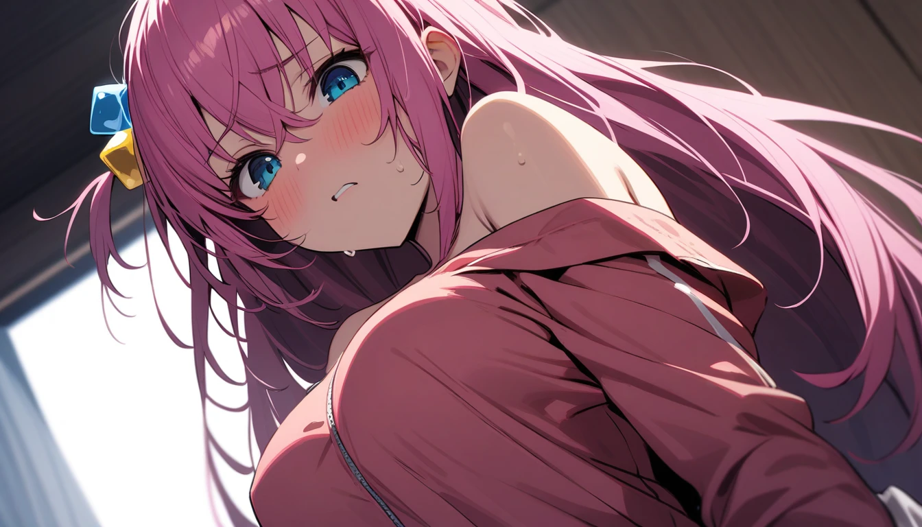 (masterpiece:1.2), Hyper Detail, Highest quality, (complicated_detailed:1.1), Beautiful details, Beautiful Hair, alone,One Girl,Goto Def, One side up,Pink Hair,Cube hair ornament,Long Hair,Pink jacket, Track jacket, Long sleeve,((Jacket half off shoulder)),Blurred_background,sweating,whole body,From below,((Underarm ,Bare shoulders,Upper Body,((Look down)),((pussy detailed)),Backlight,(,throw,Big Breasts,good,Nipples,No underwear,Disgust,blush,Sensual,look at breasts,Cement splash,Creampie,((Hugging your chest with one hand)),((Shadowed face)),In the bedroom