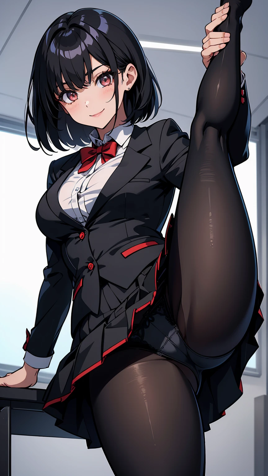 One Girl, Five Fingers, mini skirt, Looking down at the viewer, Black Hairロングヘアー, Highest quality, Focus on the thighs, Dynamic pose, smile, blazer, blouse, Black Pantyhose, panties under pantyhose, Standing Split, classroom, Black Hair, Stylish pose,My thighs and groin are steamy