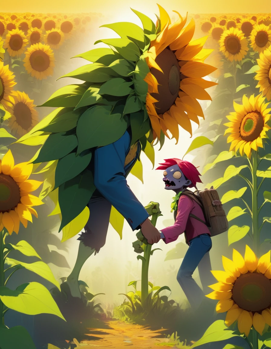 masterpiece, The best quality, highres, 8k, vivid colors, Photography, plantas versus zombies, side view, an anthropomorphic sunflower fighting a zombie