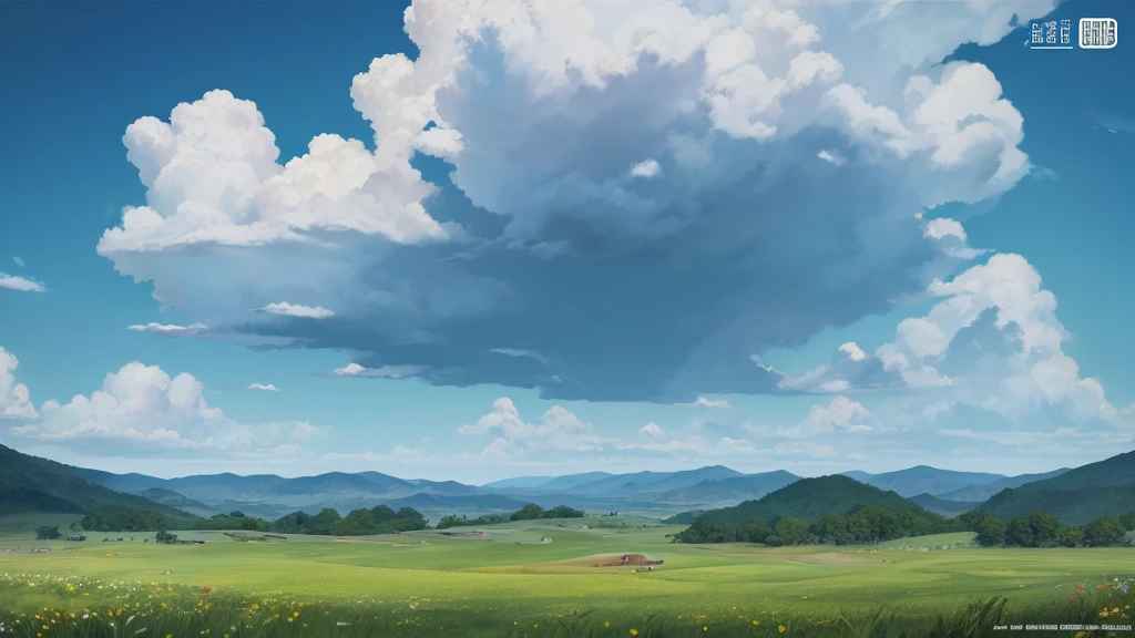 Open fields landscape, blue skies and clouds. Only grass and sky. Studio ghibli's unreal engine, 8k, octane render, trending on art station . highly detailed, digital painting, artstation, smooth, sharp focus, illustration, wide angle, wallpaper, splash art, art by artgerm and greg rutkowski and bo chen and jin xiaodi