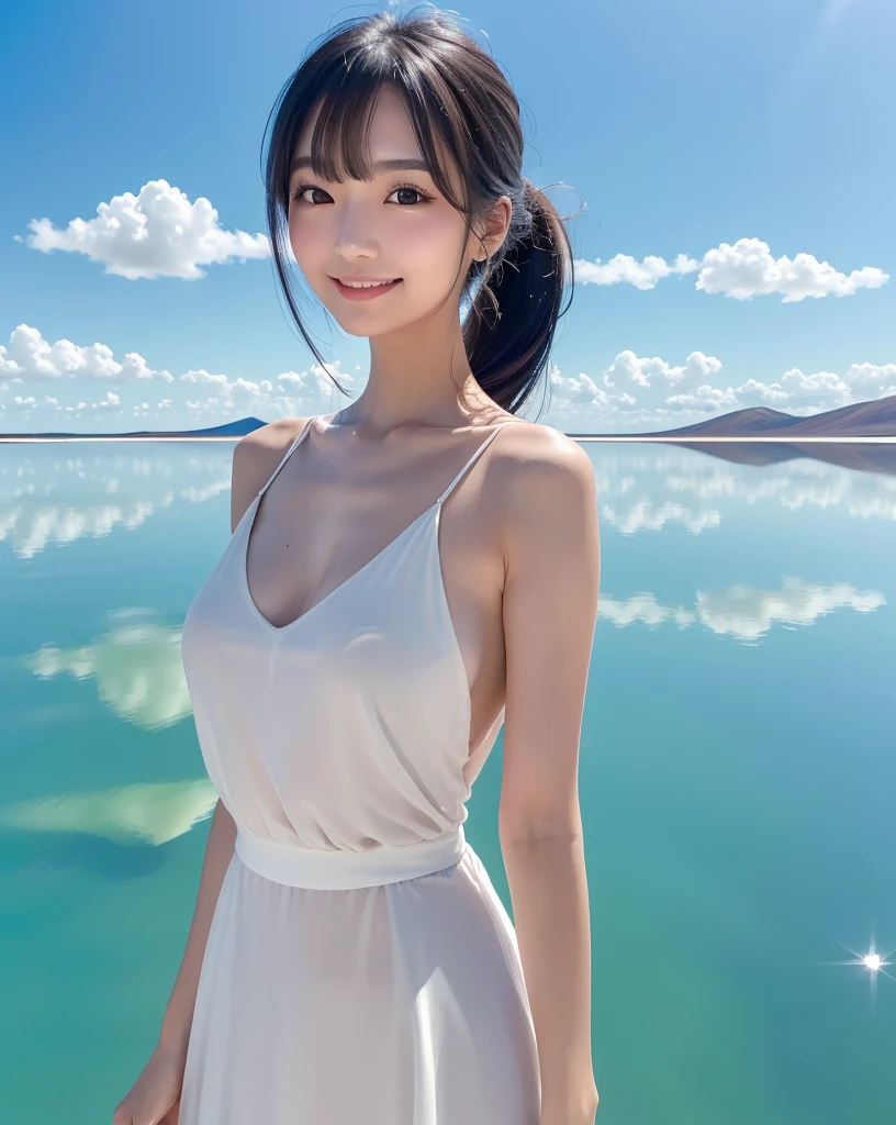 (Highest quality, 32k, High resolution, Masterpiece:1.5), marimo_jet, god々A photograph with brilliant dazzling and healing power., Evoking a sense of calm and elusive beauty, Expressing emotions, Have a rich imagination, Beautiful Japanese Girls, An exceptionally beautiful face, Small Face Beauty, , Perfect Human Anatomy, Magical big eyes, Motherhood and generosity, Deep Love, fleeting smile, Shiny black hair, A gently swaying ponytail, Asymmetrical bangs, Hair between the eyes, Transparent, soft white skin, Sharp eyebrows, Thin lashes, ((Natural Makeup:1.3)), White dress, High resolutionの完璧な鎖骨, High resolutionの美しい胸元, Slim figure with ample breasts, High resolutionの美しい太もも, ((Distant Horizon:1.5)), ((Salar de Uyuni stretches to the horizon:1.3)), ((The water surface reflects the sky like a mirror:1.5)), Beautiful detailed blue sky, Professional photographer, Professional Lighting, Professional models