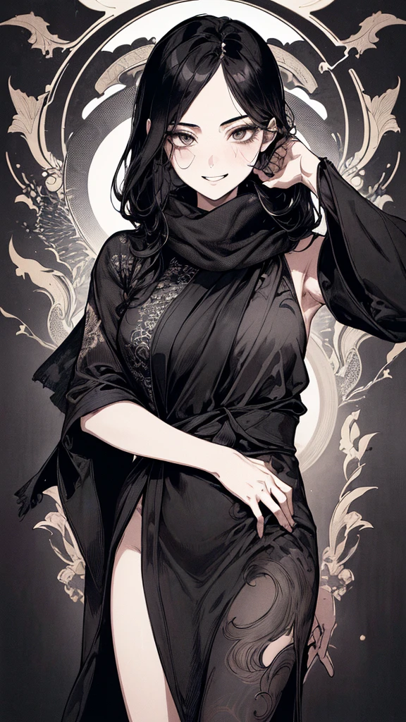 Highest quality, (Background details), High Contrast, Very beautiful woman, Detailed original illustrations, functional, Delicate face, Black Hair、Ninja, Ninja costume, scarf, Cover your face with a hand towel, charm, Naughty kid, sexy, Real breasts, Crazy Smile, Crazy Eyes, Black Robe, Black background, (Black background: 1. 5), Beautiful line art, Monochrome