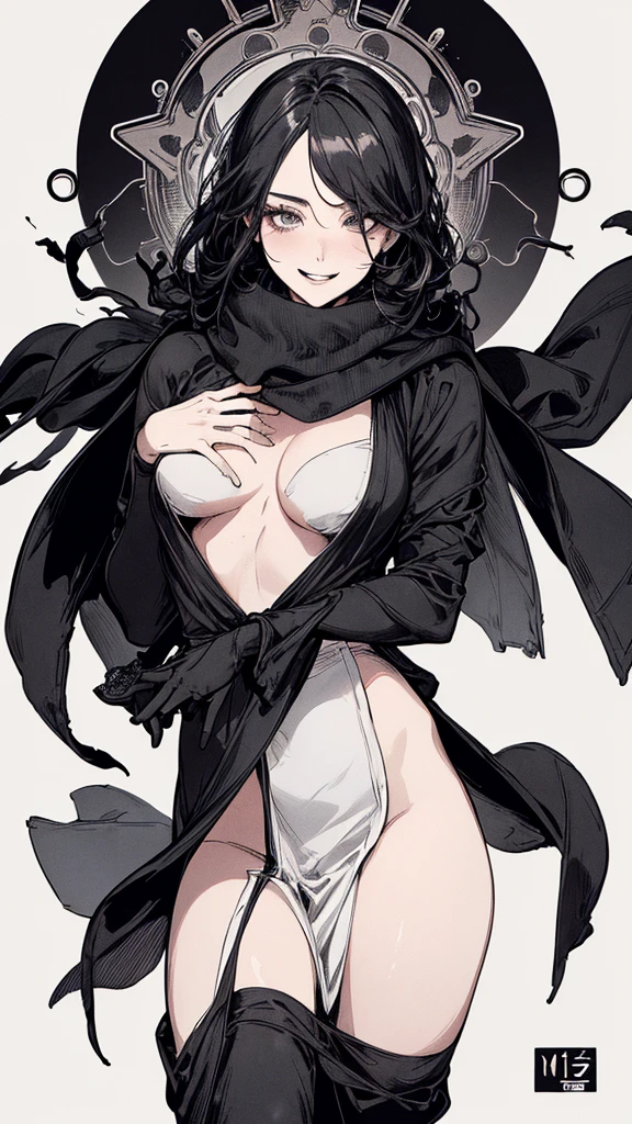 Highest quality, (Background details), High Contrast, Very beautiful woman, Detailed original illustrations, functional, Delicate face, Black Hair、Ninja, Ninja costume, scarf, Cover your face with a hand towel, charm, Naughty kid, sexy, Real breasts, Crazy Smile, Crazy Eyes, Black Robe, Black background, (Black background: 1. 5), Beautiful line art, Monochrome