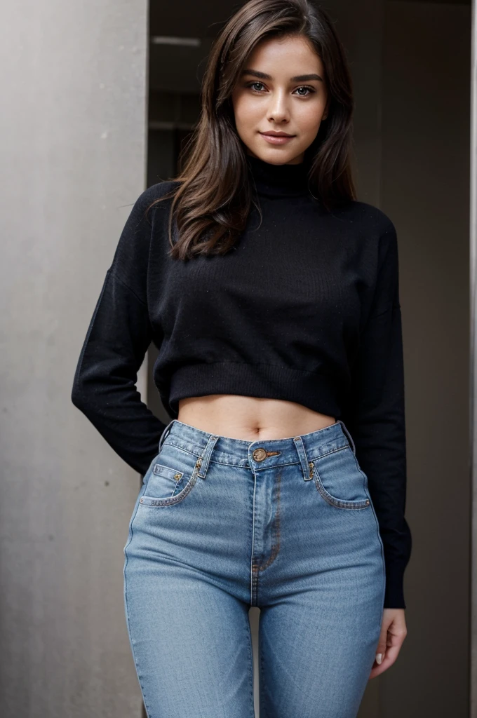 Create an image of a beautiful girl TV presenter dressed elegantly in jeans clothing ready for a report or an interview standing and in the pose of a formal presenter. With an elegant, luxurious and shiny silk BLACK SWEATER, she also looks tender, happy and talking.. front view smiling ready to be interviewed in front of a camera. Remember that you must have a beautiful figure, that is, an attractive body and a beautiful face.. Wide hips WIDE WAIST BLUE JEANS. THE WOMAN IS ONLY 19 YEARS OLD BUT SHE IS ALREADY A CORPORATE WOMAN. REMEMBER SHE IS DRESSED SEMI-FORMALLY.