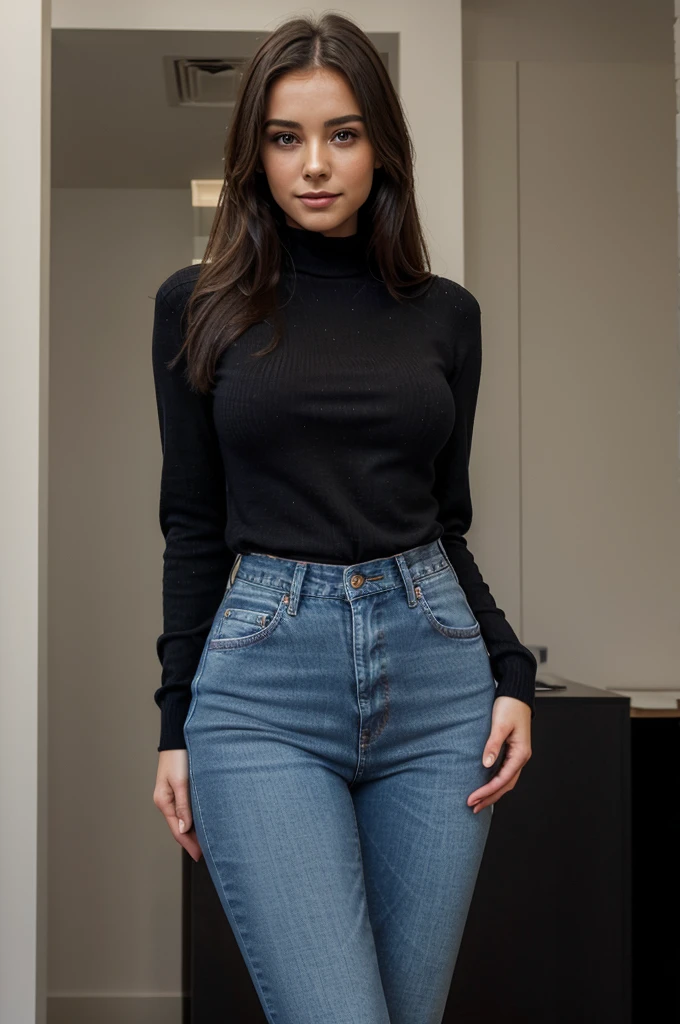 Create an image of a beautiful girl TV presenter dressed elegantly in jeans clothing ready for a report or an interview standing and in the pose of a formal presenter. With an elegant, luxurious and shiny silk BLACK SWEATER, she also looks tender, happy and talking.. front view smiling ready to be interviewed in front of a camera. Remember that you must have a beautiful figure, that is, an attractive body and a beautiful face.. Wide hips WIDE WAIST BLUE JEANS. THE WOMAN IS ONLY 19 YEARS OLD BUT SHE IS ALREADY A CORPORATE WOMAN. REMEMBER SHE IS DRESSED SEMI-FORMALLY.