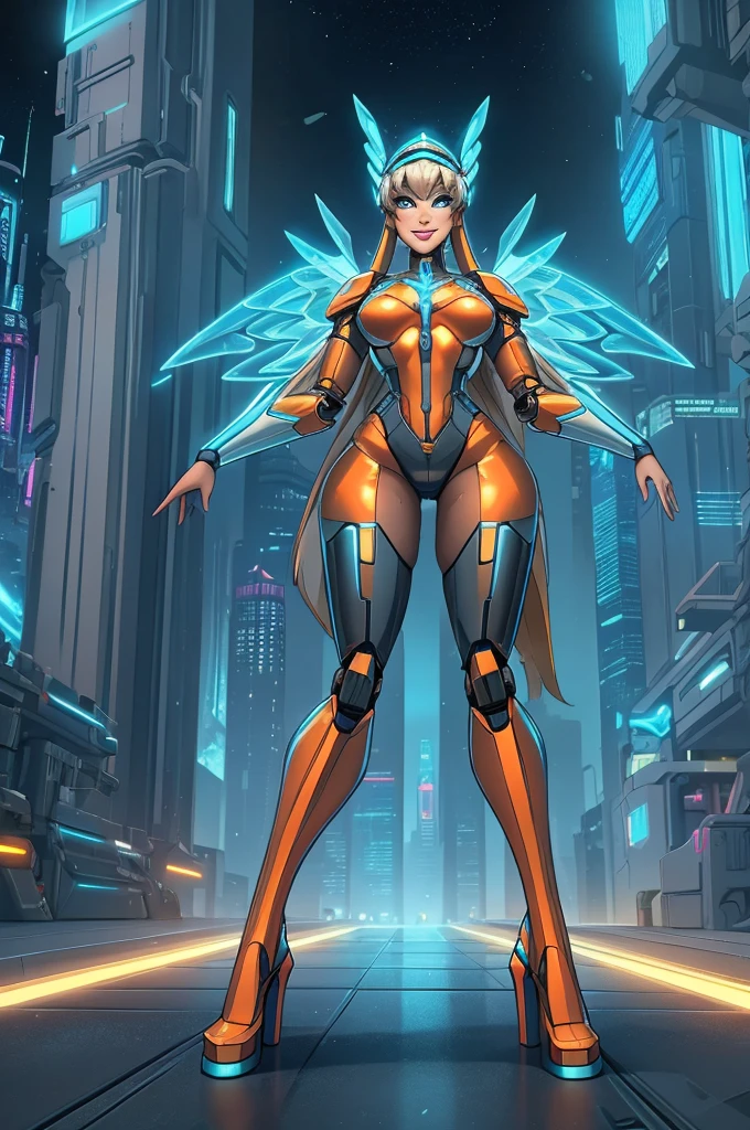 Woman in a futuristic suit standing in a futuristic city, Girl wearing mecha cyber armor, (Mechanized Valkyrie Girl), (Beautiful cyborg angel girl), Cyberpunk Girl Mecha, Unreal Engine Rendering + goddess, Cyberpunk Girl, Beautiful Caucasian girl cyborg、Medium chest、smile、(top-down bottom-up), full body, high heels.