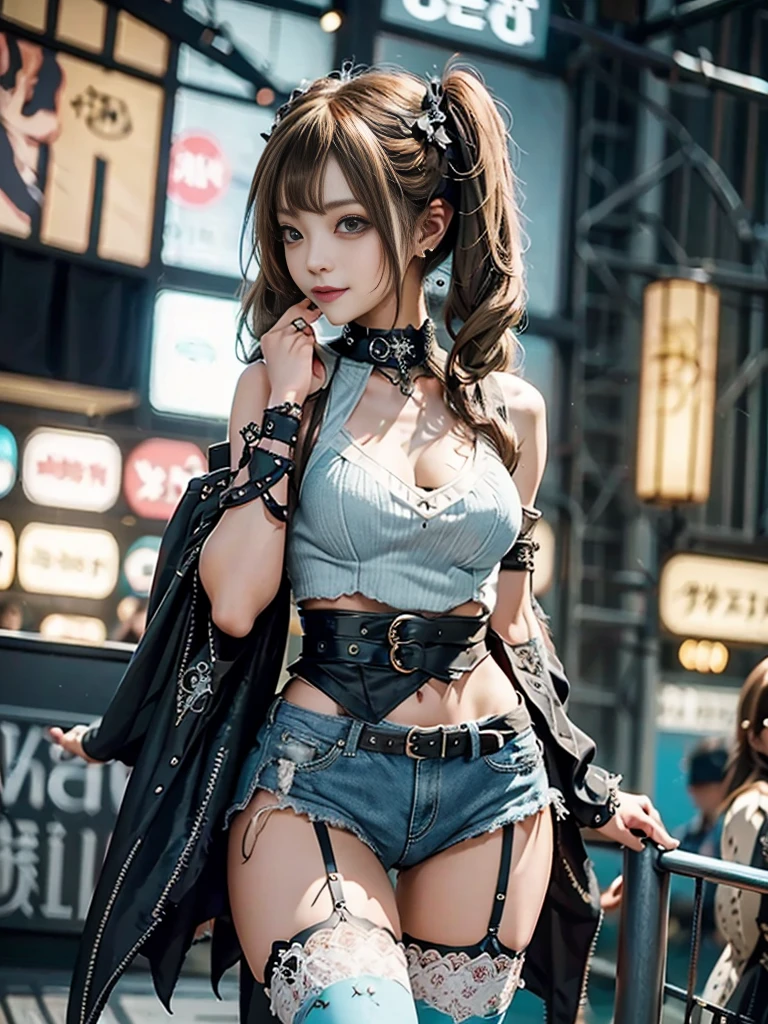 (Full Body View:1.4)、(Side view:1.1)、(Smiling with teeth showing:1.3),(Shibuya Gal:1.5)、(Gothic Lolita style fashion:1.5)、(Punk RockVisual Kei:1.5)、(Wearing a rhythmic gymnastics bodysuit with intricate details:1.4)、(Cloak de cour with delicate decorations in white, denim and turquoise:1.5)、(Denim with turquoise and white boots:1.3)、((belt))、(Numerous delicate logo marks all over the costume:1.4)、(collar:1.3)、(Striped underwear:1.5)、20-year-old、NSFW、((Highest quality、In 8K、masterpiece:1.3))、Sharp focus:1.2、(Layered Cut、Beautiful boobs:1.1),Beautiful woman with perfect figure:1.4、(Sexy Gravure Pose:1.3)、Slender Abs:1.2、Highly detailed face and skin texture、Detailed eyes、double eyelid,(Twin tails:1.3)、(Brown-golden hair:1.3)、Gravure idol、(The background is the stage of the fashion show:1.3)、(Slim body:1.3),(Make your legs thinner:1.4),(clavicle:1.1)、(Thin thighs:1.2)